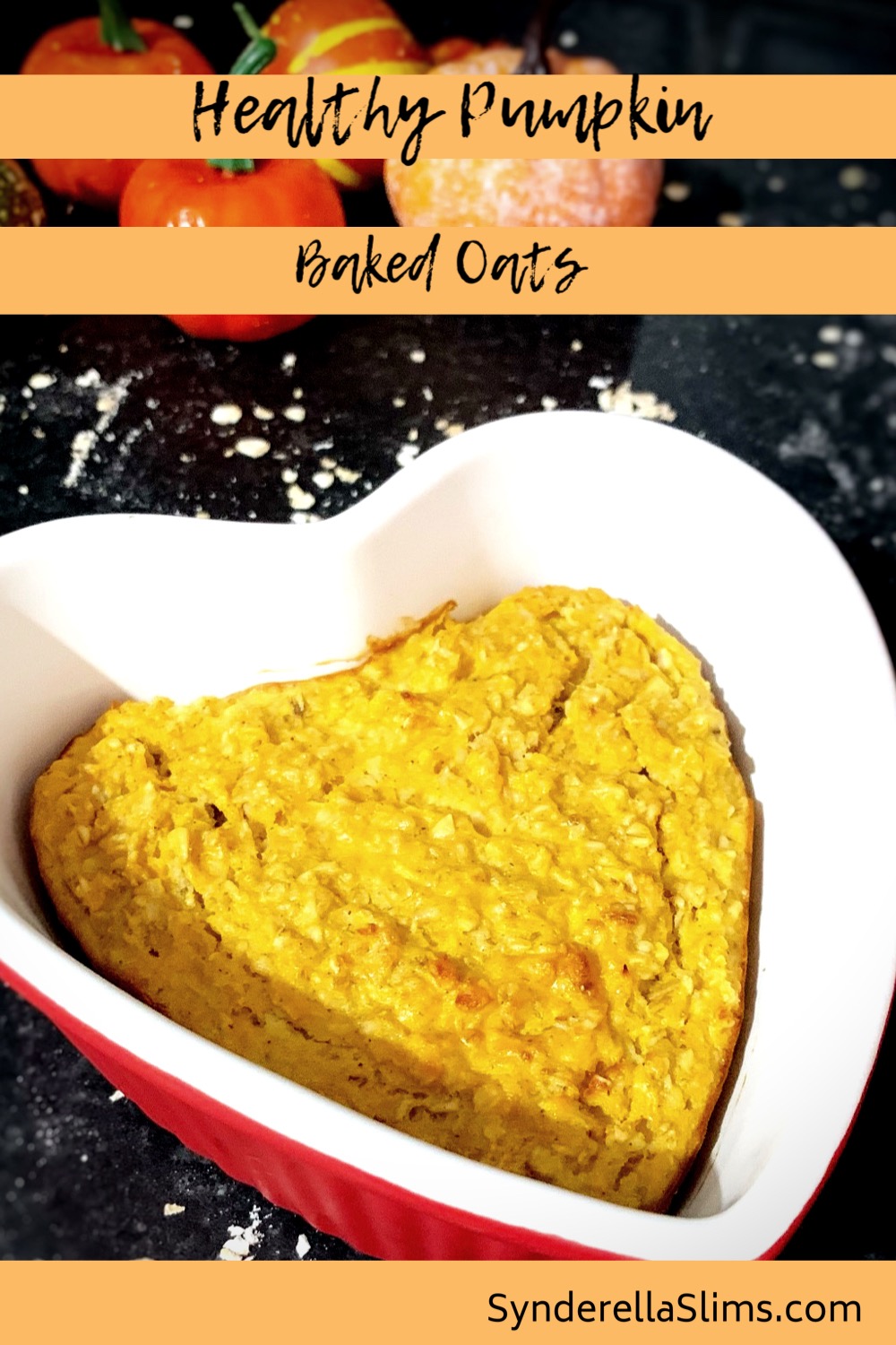 a heart shaped ceramic dish with healthy pumpkin baked oats in it